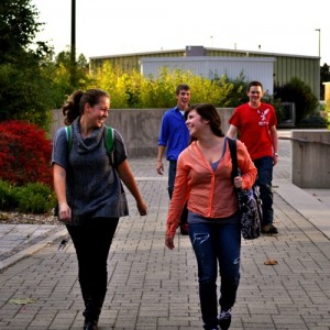 two female students walking on campus