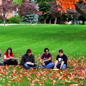 students on a campus front lawn