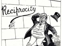This cartoon, which appeared in The Grain Growers’ Guide in 1911, suggested free trade with the U.S. and Britain was inevitable.