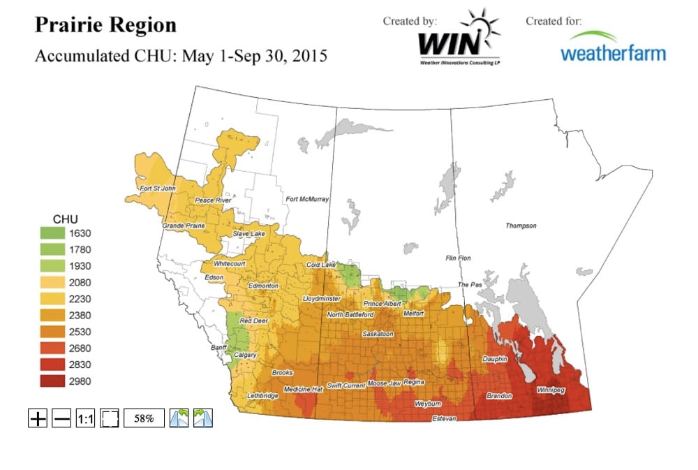 Corn heat units from May 15 to September 30, 2015. While the 2300-plus areas suggest enough total heat for corn, cooler nighttime temperatures may negate some of the daytime warmth.