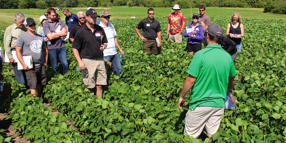A group of producers listening in at Manitoba Pulse & Soybean Growers’ SMART Day last summer.