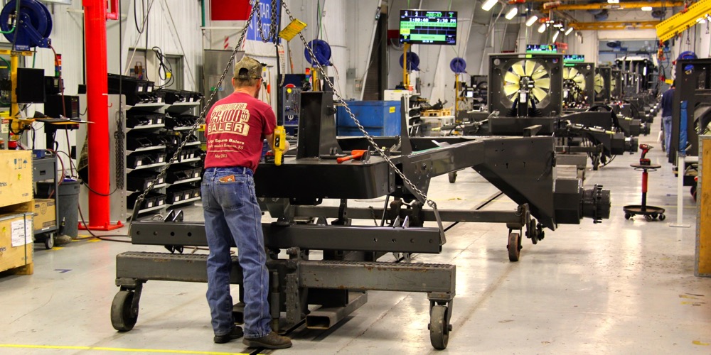 In late March, the 100,000th swather to start down this assembly line was the focus of a celebration at AGCO’s Hesston, Kansas factory.