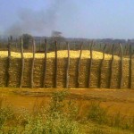 a hand-made grain bin with wooden posts