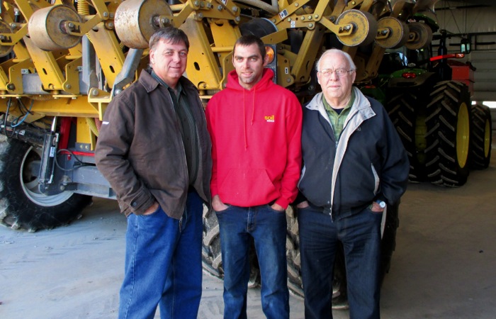 Three generations of the Cantelon family farming operation: Wayne (l), his son Mark and his dad George.