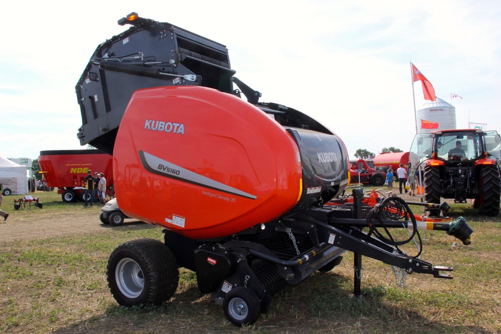 This Kubota-branded silage baler on display at AIM near Saskatoon is one of the first to be shown in Western Canada wearing the company's brand name.