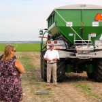 A product rep from New Leader, which demonstrated one of their dry fertilizer spreaders, showed onlookers how the spread patterns of new machines are much more consistent than what the previous generation of spreaders was capable of.