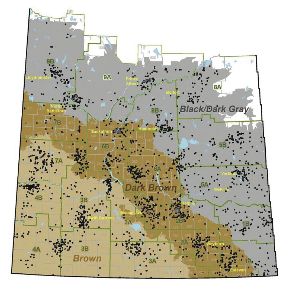 Location of the bread and durum wheat fields surveyed in 20 crop districts across Saskatchewan, from 2001 to 2012.