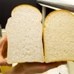 A bread sample made with regular wheat flour (l) and yellow pea flour combined with wheat flour (r).