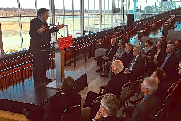 Ontario Finance Minister Charles Sousa announces the province’s next horseracing sector funding agreement March 23 at Hamilton’s Flamboro Downs. (OntarioRacing.com)
