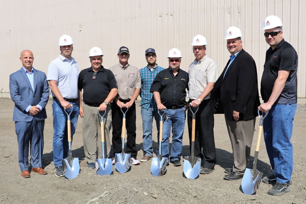 Taking part in Agco’s Aug. 24 groundbreaking ceremony (l-r) were Greg Wells (operations manager, Agco Parts, North America), Lee Fuchs (Nick’s Service, Emerald Park, Sask.); Gerald Swystun (Full Line Ag, Swift Current, Sask.); Jeffrey Fluney (Dennills Agricenter, Dewberry, Alta.); Sean Ferguson (Full Line Ag); Warren Orth (Agriterra Equipment, Lacombe, Alta.); Rod Anderson (Wynyard Equipment, Wynyard, Sask.); Darren Parker (director of sales and marketing, Agco Parts, North America); and Chris Maas (Agriterra Equipment, Weyburn, Sask.). (Agco/BusinessWire photo)
