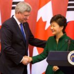 Prime Minister Stephen Harper shakes hands with South Korea’s President Park Geun-hye at Tuesday’s announcement of concluded negotiations on a Canada-Korea Free Trade Agreement. (Jason Ransom photo courtesy PMO)