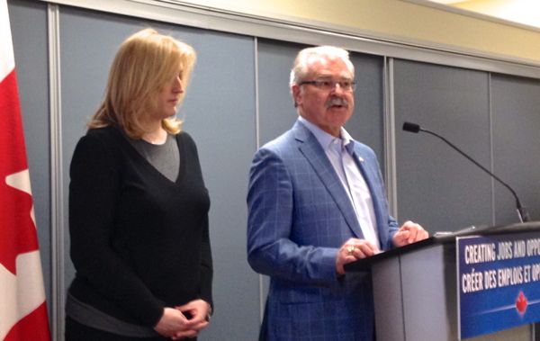 Transport Minister Lisa Raitt and Agriculture Minister Gerry Ritz speak to reporters March 27 in Winnipeg. (Dave Bedard photo)
