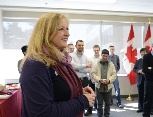 Transport Minister Lisa Raitt, shown here last month at Carleton University, says she doesn’t yet plan to mandate minimum grain traffic levels in specific rail corridors. (TC,gc.ca)

