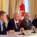 G3’s Karl Gerrand, CWB CEO Ian White, Agriculture Minister Gerry Ritz and CWB chief strategy officer Dayna Spiring (from left) announce G3’s $250 million plan to take a majority stake in CWB. (Dave Bedard photo)