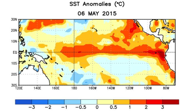 Average sea surface temperature (SST) anomalies (°C) for the week centred May 6. Anomalies are computed with respect to the 1981-2010 base period weekly means. (CPC.ncep.noaa.gov)
