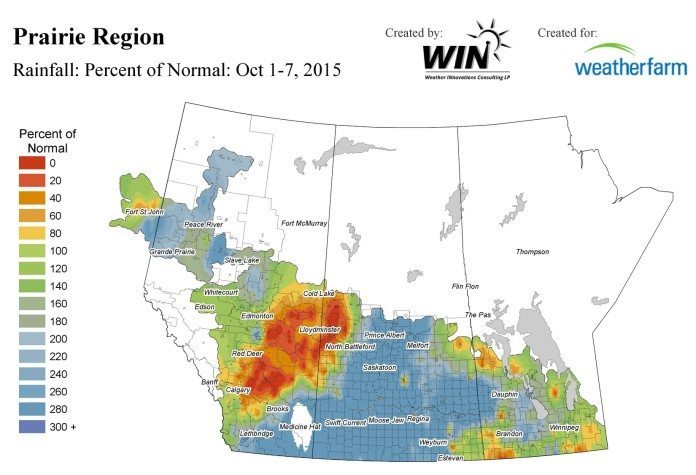 Rainfall as a percentage of ‘normal’ levels for the week of Oct. 1-7. (WeatherFarm.com)
