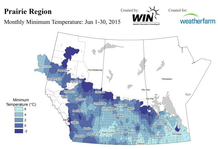 Minimum temperatures on the Prairies for June 2015. (WeatherFarm.com)
