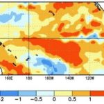 Average sea surface temperature in degrees Celsius over the Pacific Ocean for the week centred on May 4, 2016. Anomalies computed with respect to the 1981-2010 base period weekly means. (CPC.ncep.noaa.gov)