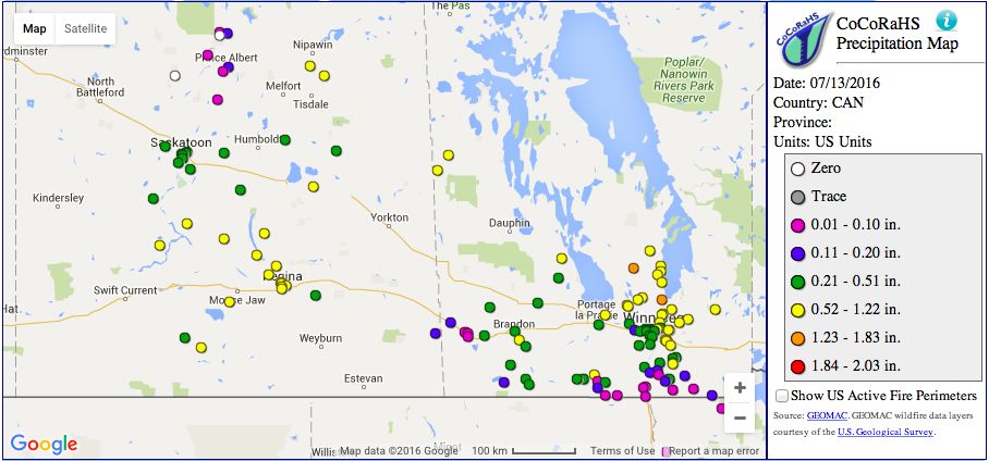 Rainfall for July 13, 2016 as of 6:40 p.m. CT. (CoCoRaHS.org)
