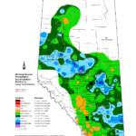 This map shows Alberta’s growing season precipitation as a percentage of long-term normal