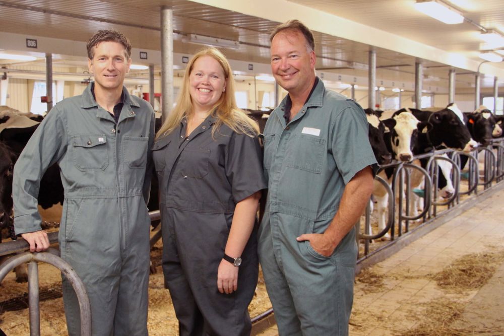 Drs. Derek Haley, Lena Levison and Todd Duffield (l-r) co-ordinate the dairy cattle rotation for Ontario Veterinary College. (Photo courtesy University of Guelph)