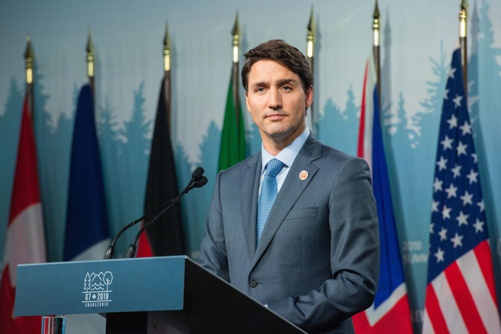 Prime Minister Justin Trudeau speaks at a press conference June 9, 2018 at the G7 summit in Charlevoix, Que. (G7.gc.ca via Flickr)
