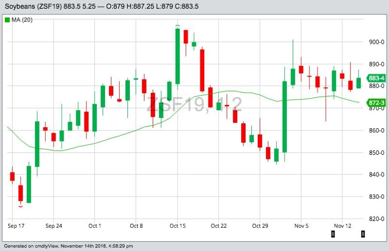 CBOT January 2019 soybeans, with 20-day moving average. (Barchart)
