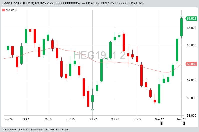 CME February 2019 lean hogs, with 20-day moving average. (Barchart)
