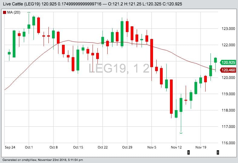 CME February 2019 live cattle with 20-day moving average. (Barchart)
