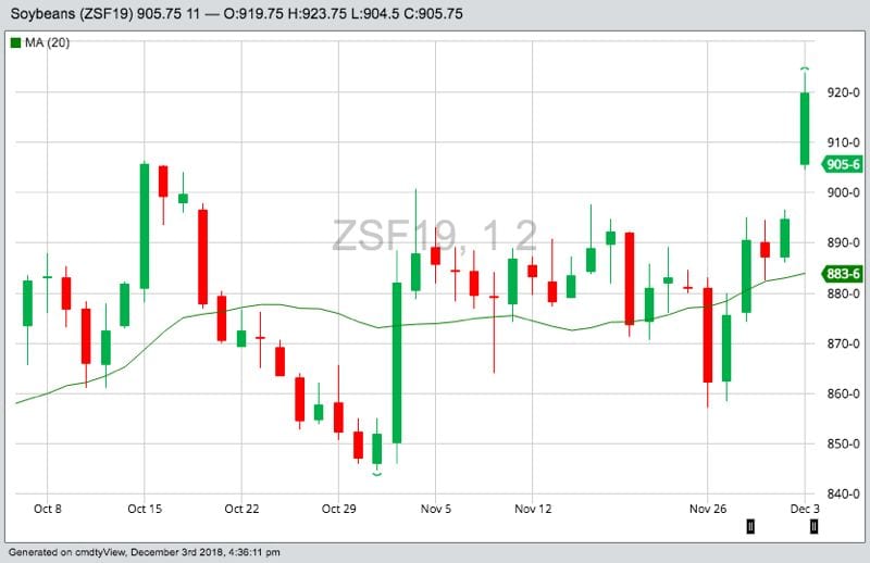 CBOT January 2019 soybeans, with 20-day moving average. (Barchart)
