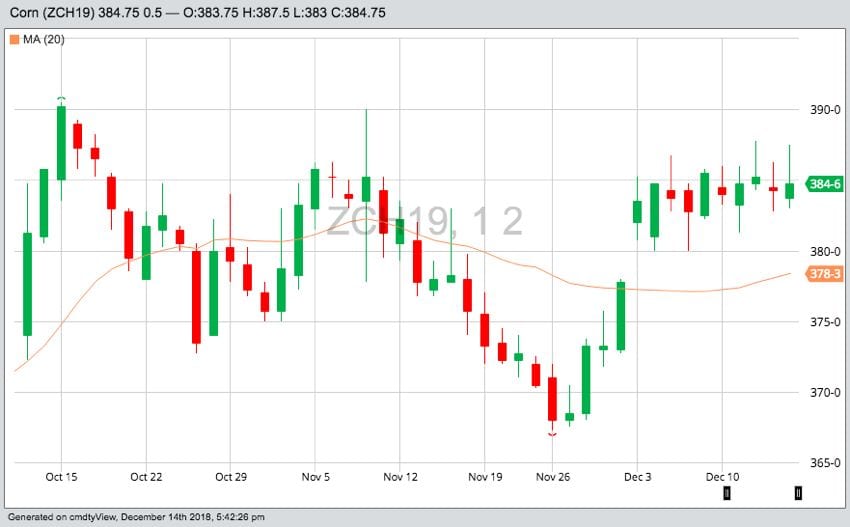 CBOT March 2019 corn with 20-day moving average. (Barchart)
