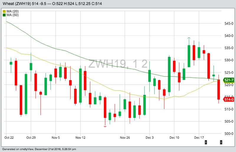 CBOT March 2019 wheat with 20- and 50-day moving averages. (Barchart)
