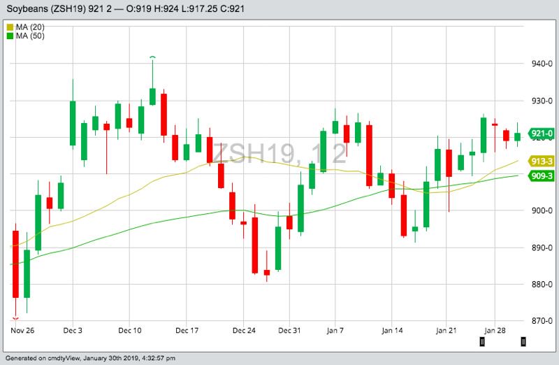 CBOT March 2019 soybeans with 20- and 50-day moving averages. (Barchart)
