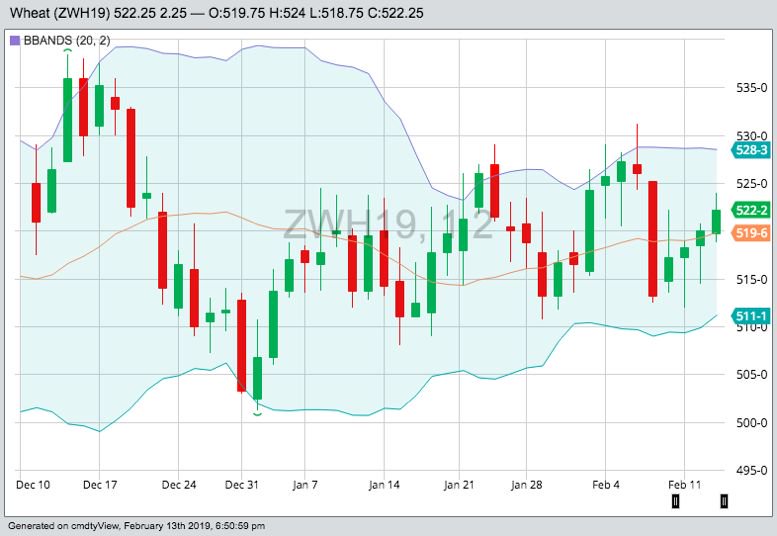 CBOT March 2019 wheat with Bollinger (20,2) bands. (Barchart)
