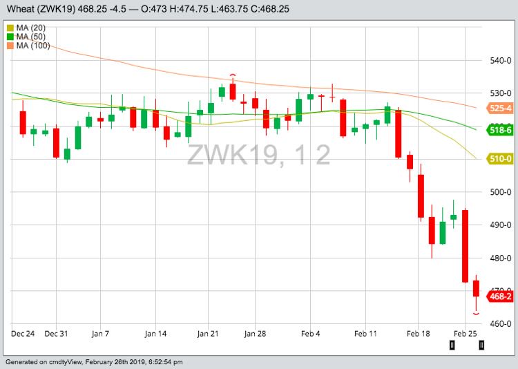 CBOT May 2019 wheat with 20-, 50- and 100-day moving averages. 
