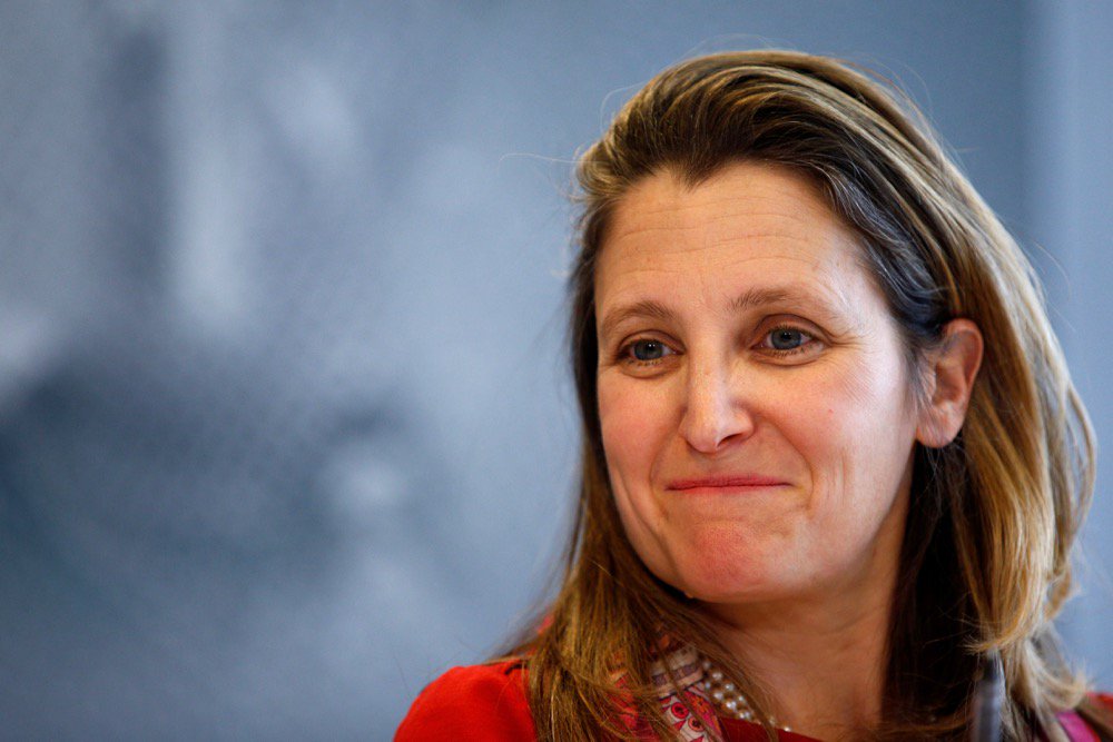 Foreign Minister Chrystia Freeland attends a news conference on media freedom as part of the G7 Foreign Ministers’ meeting in Dinard, France on April 5, 2019. (File photo: Reuters/Stephane Mahe)
