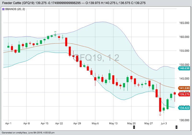 CME August 2019 feeder cattle with Bollinger (20,2) bands, a gauge of market volatility. (Barchart)
