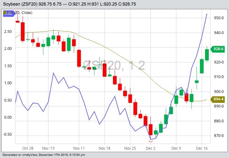 CBOT January 2020 soybeans with 20-day moving average (green line) and January 2020 soyoil (blue line). (Barchart)