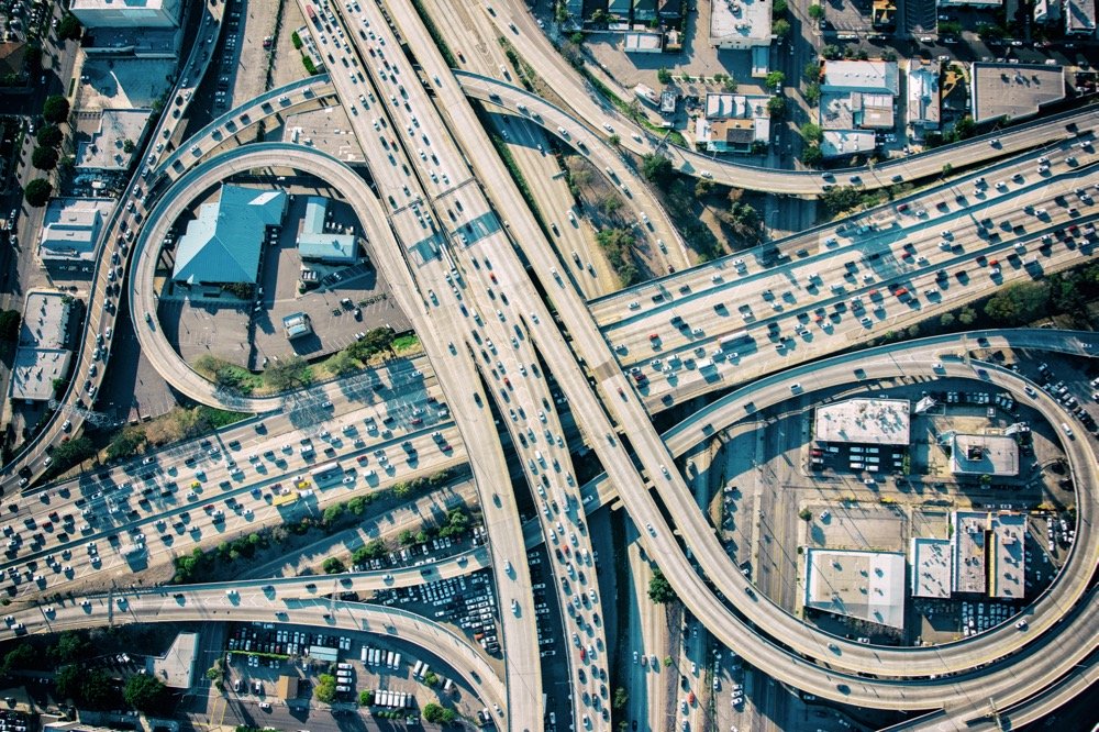 File photo of pre-COVID-19 rush-hour traffic on the interchange between the Interstate 10 and 110 freeways near downtown Los Angeles. (Art Wager/E+/Getty Images)
