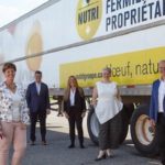 Officials at the Aug. 13, 2020 rollout of the federal surplus food program included (l-r) Julie Marchand of Food Banks of Quebec, Agriculture Minister Marie-Claude Bibeau, Claude Dulude of Nutri Group, Marie-Jose Mastromonaco of Second Harvest, Tania Little of Food Banks Canada and Serge Lefebvre of Nutri Group. (Photo courtesy Agriculture and Agri-Food Canada)