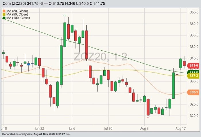 CBOT December corn with 20-, 50- and 100-day moving averages. (Barchart)
