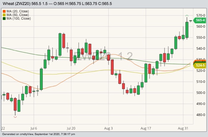 CBOT December 2020 wheat with 20-, 50- and 100-day moving averages. (Barchart)
