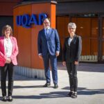 UQAR rector Jean-Pierre Ouellet, regional development minister Marie-Eve Proulx, UdeM rector Daniel Jutras, Dr. Christine Theoret, UdeM dean of veterinary medicine and provincial ag minister André Lamontagne (l-r) announced the funding Sept. 3, 2020 for the feasibility study. (UQAR photo by Stephane Lizotte)
