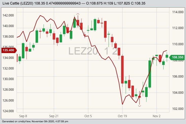 CME December 2020 live cattle (candlesticks) and January 2021 feeder cattle (red line). (Barchart)
