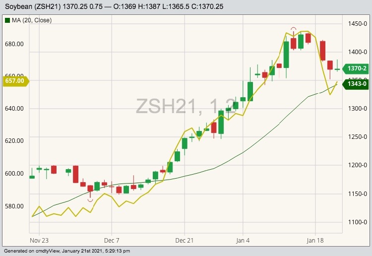 CBOT March 2021 soybeans (candlesticks) with 20-day moving average (green line) and ICE March 2021 canola (yellow line). (Barchart)
