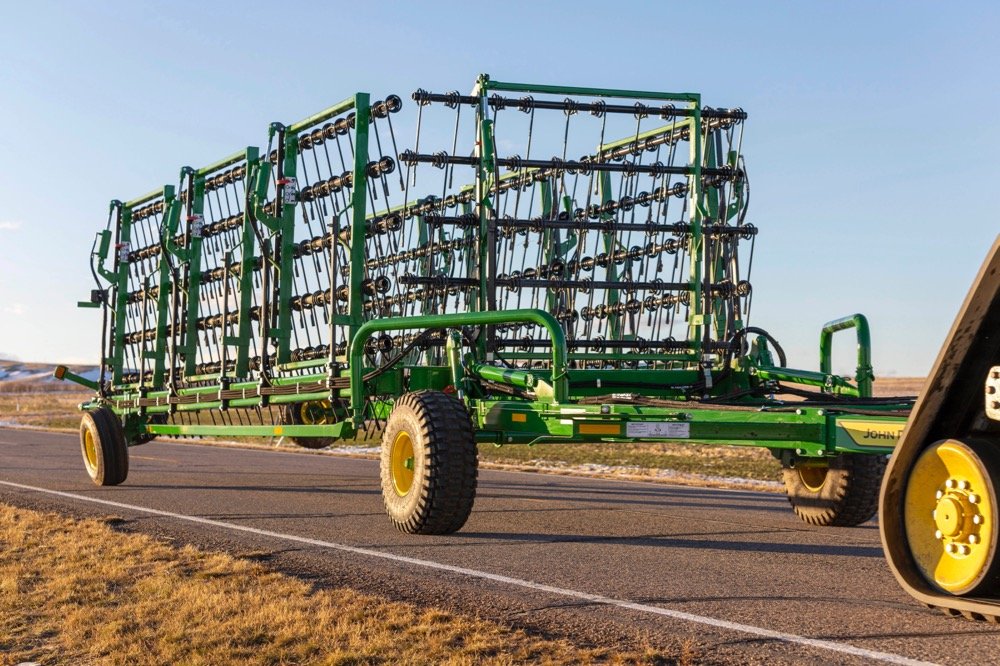John Deere says its new line of heavy harrows features a quick folding and unfolding sequence to help farmers move more quickly between fields. (Deere.com)
