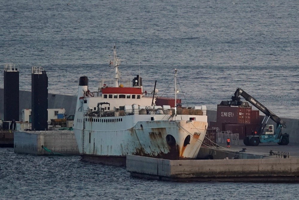 The Karim Allah, a livestock ship carrying over 800 Spanish cattle stranded with suspected bluetongue disease, is docked at Escombreras in Cartagena, Spain on Feb. 26, 2021. (Photo: Reuters/Juan Medina)