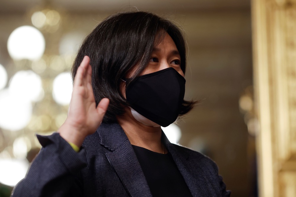 U.S. Trade Representative Katherine Tai is sworn in at the White House on March 18, 2021. (Photo: Reuters/Tom Brenner)
