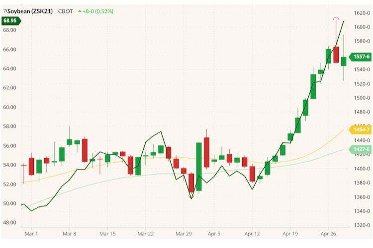 CBOT May 2021 soybeans (candlesticks) with 20- and 50-day moving averages (yellow, light green lines) and May 2021 soyoil (dark green line). (Barchart)
