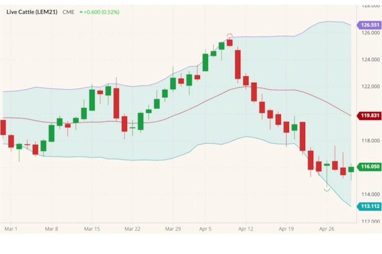 CME June 2021 live cattle with Bollinger (20,2) bands. (Barchart)
